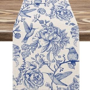 Any Design Table Runner Beautiful Floral With Birds Blue & Cream 13" x 120" NWT